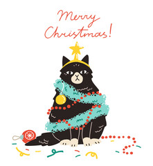 Christmas holidays card, poster or banner design. Vector illustration of a cute cat decorated with garland and ornaments like a Christmas tree. Modern flat style. Elements are isolated.