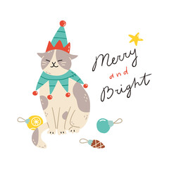 Merry Christmas and Happy New Year! Cat dressed as a cute elf with a festive message in modern flat style. Vector illustration for a poster, card or banner design. Elements are isolated.