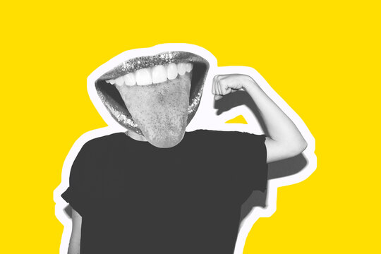 Collage in the style of a magazine on a yellow background. Instead of a head, an insane mouth screams showing tongue and teeth. A hand in a fist shows strength and biceps.