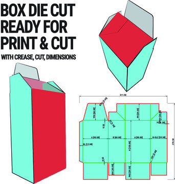 Box Die Cut Cube Template with 3D Preview organised with cut, crease, model and dimensions ready to cut and print, Vector Draw Graphic Design dieline