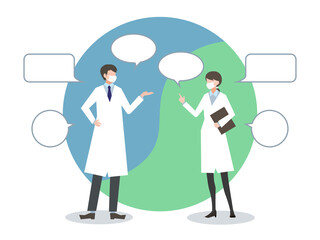 会話する医師二人・男女・白衣・マスク