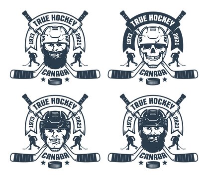 Hockey team logo in retro style. Hockey player head and skull badge with crossed sticks. Vector illustration.