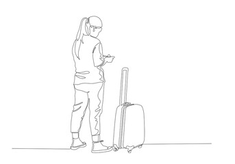 One continuous line drawing of standing  traveler with baggage