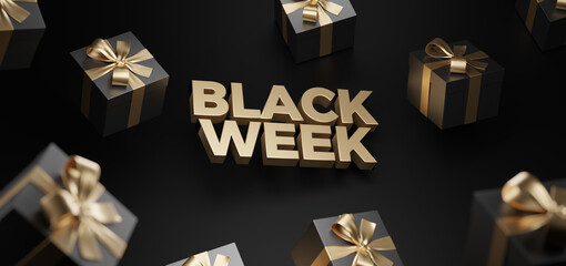 3d rendering of Black Week Super Sale. Realistic black gifts boxes. Pattern with black gift box. Dark background golden text lettering. Horizontal banner, poster, header website. 