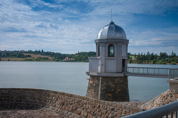 Fototapeta na wymiar Plumlov water dam in Moravia in Czech Republic in Europe. Tower and concrete dam.