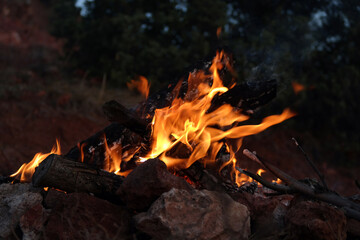 Image of orange flames of a camp fire with burning oak tree woods surrounded by stones in the forest camping site