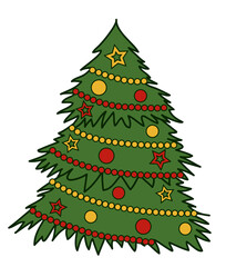 Green Christmas tree as a symbol of a Happy New Year. Decorated with garlands, stars and balls, gold and red. Merry Christmas holiday.