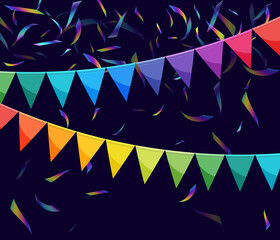 Bright paper bunting party flags background. Carnival garland with flags. Decorative party pennants for birthday celebration, festival confetti decor. Colorful bunting flags.