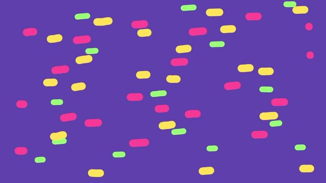 Seamless loop abstract colorful pattern background animation of flying lines on purple background. Stop motion cartoon animation in childish kid style.