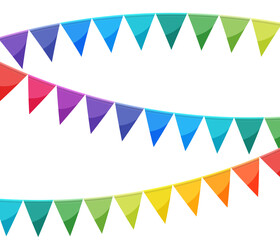 Bright paper bunting party flags background. Carnival garland with flags. Decorative party pennants for birthday celebration, festival confetti decor. Colorful bunting flags.