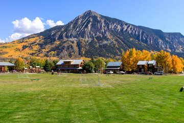 Crested Butte Park - Park with soccer nets and playground equipment in Crested Butte Colorado, with...