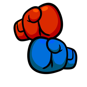 recommend clip art: Two Boxing glove. Fist fight. Extreme sports. Symbol of the strike and a knockout. Red and blue Sport equipment. Red Cartoon illustration