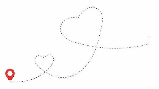 Double love airplane route animation. Romantic travel symbol, heart dashed line trace. Movement of simple hearted airplane path, flight air dotted love valentine day invitation video in HD format.