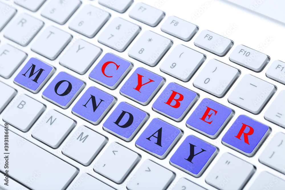 Poster background of computer keyboard with text cyber monday
