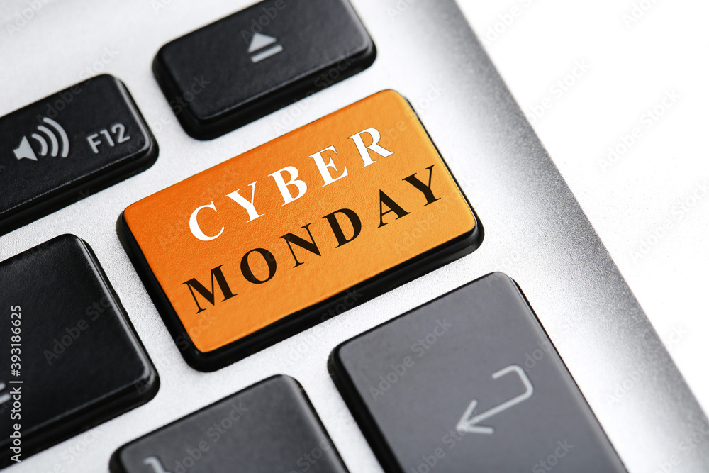 Poster background of computer keyboard with text cyber monday