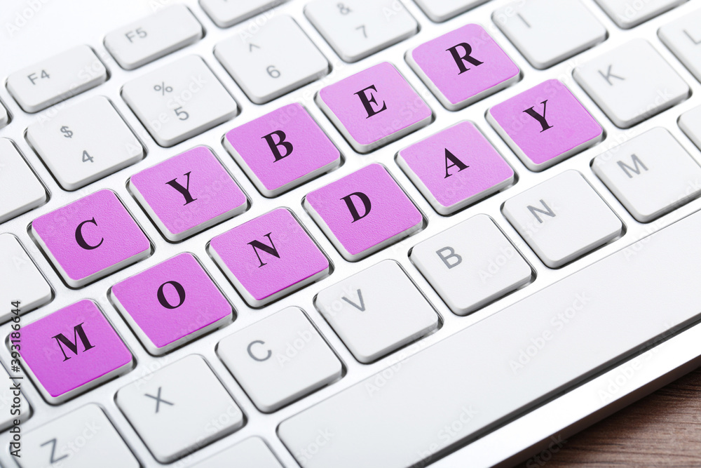 Poster background of computer keyboard with text cyber monday