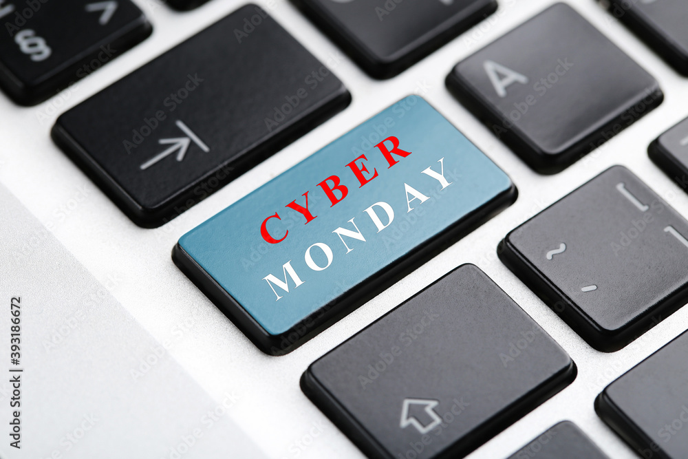 Poster background of computer keyboard with text cyber monday