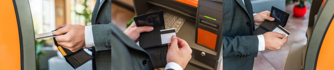 Collage of businessman with credit card and wallet, standing near atm on blurred background, banner