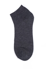 one gray new short sock on white background, top view