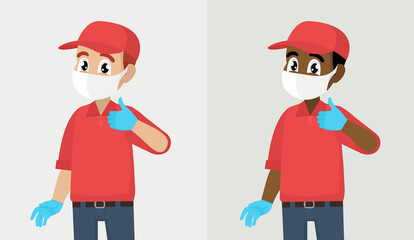 Man making agree, positive symbol. Courier or deliveryman in mask and gloves showing thumbs up sign. Person gesturing like or good. Corona virus outbreak.