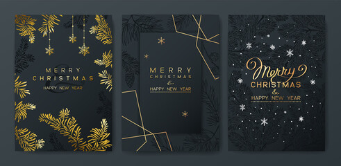 Christmas Poster set. Vector illustration of dark Background with branches of Christmas tree. - 393187851