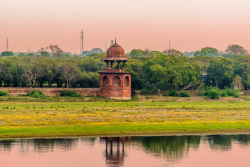 An early morning view across the Yamuna river in Agra, India
