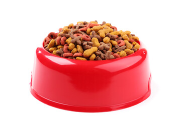 Dry pet food in bowl isolated on white background