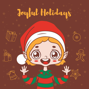 Christmas greeting with joyful cartoon elf