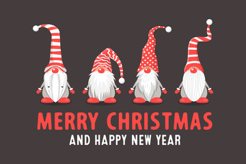 Merry Christmas Postcard. Four Vector Christmas Cute Gnomes with Red Caps in Flat Style on Dark Background. Dwarfs Design Template for Merry Christmas and Happy New Year Card. Cartoon Kids Characters