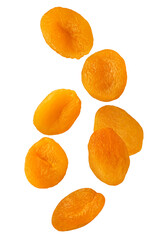 Dried apricot fruits isolated in the air on white background