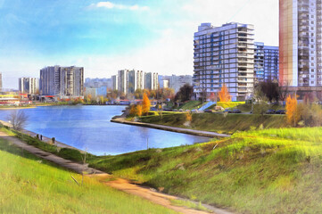Fototapeta na wymiar Modern city apartments near the pond colorful painting