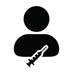 Injection icon vector with vaccine syringe male user person profile avatar symbol for medical and healthcare in a glyph pictogram illustration