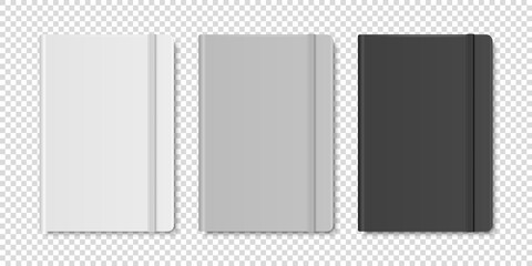 Vector 3d Realistic White, Gray, Black Closed Blank Paper Notebook Set Isolated on Transparent Background. Design Template of Copybook with Elastic Band for Mockup, Logo Print. Top View