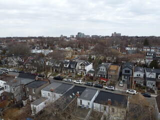 An aerial drone view of a neighbourhood in the east end of Toronto.