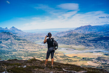 Woman enjoy the view by the Cerro Castillo landscape at Patagonia.