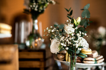 the hall is decorated for a wedding banquet. Food and flashlights
