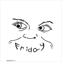 Joyful emoticon, expression of a person's face with the text, Friday. Vector drawing