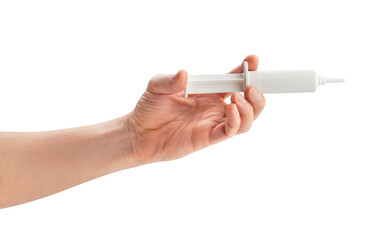 grease syringe in hand path isolated on white