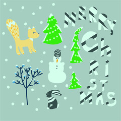 Merry Christmas vector cards with cartoon art
