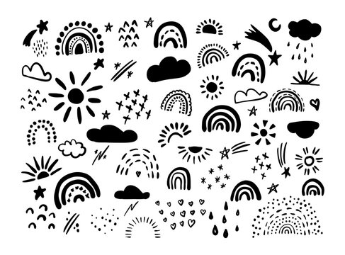 Vector set hand drawn rainbows and sun moon rain