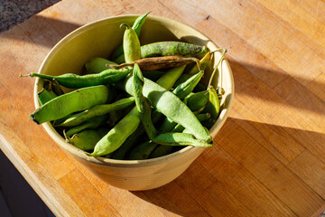 Heirloom scarlet runner beans in pods in ceramic bowl on cutting board