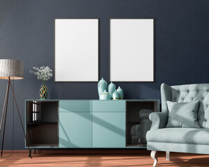 Interior mockup scene: turquoise colored sideboard with flowers and vases on top. Two empty picture...