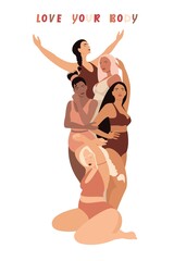 Multiracial women of different body shapes and size standing in row, dressed in swimsuits. Love your body concept. Body positive movement and beauty diversity. Vector flat cartoon illustration.