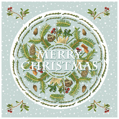 Christmas card design with nature plants, coniferous trees, cones, twigs, leaves, berries