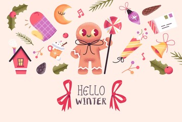 Christmas or New Year Card With Cute Christmas Characters And Objects.