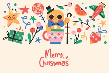 Christmas or New Year Card With Cute Christmas Characters And Objects.