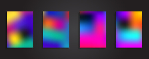 Blurred backgrounds set with modern abstract bright color gradient patterns. Smooth templates collection for brochures, posters, banners, flyers and cards. Vector illustration