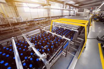 Automatic line for vacuum packaging in a brewery. Plastic brown bottles on conveyor belt