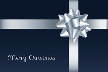 Silver satin ribbon with a realistic round bow. Isolated design element with 3d bow. Decoration and wrapping of gifts. Holiday banner for greeting or Christmas sale.