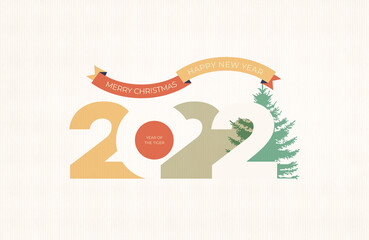 Happy New Year 2022 logo text design. Cover of business diary for 2022 with wishes. Brochure design template, card, banner. Year of the tiger. Vector illustration. Isolated on white background.